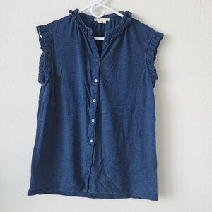 Boden Blue Ruffle Trim Button Front Cotton Top